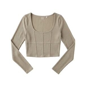 PAC Cares Women's Camel Long Sleeve Ribbed Scoop Neck Crop Top Size S